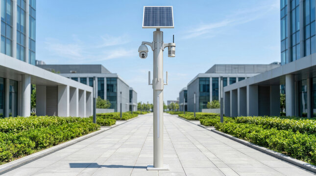 Solar powered security camera pole in urban area with modern buildings and smart cities planning for safety and environment