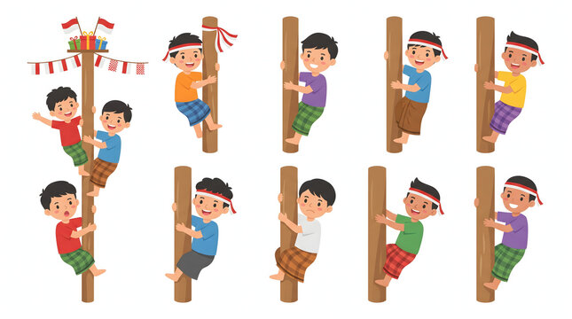 Indonesian boys climbing greasy pole for traditional independence day panjat pinang celebration