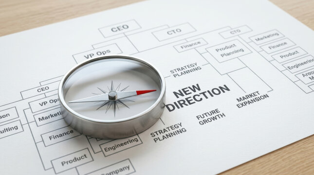 New direction strategy planning concept with compass on organizational chart showing merger and acquisition for future growth and market expansion