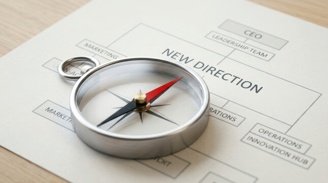 New direction concept with compass organizational chart symbolizing merger and acquisition strategy for business growth and leadership team