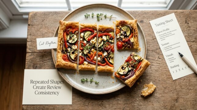 Freshly baked vegetable tart slices with roasted zucchini and peppers on plate beside professional food tasting sheet and pen on wooden table. Perfect for culinary reviews and gourmet blog content..