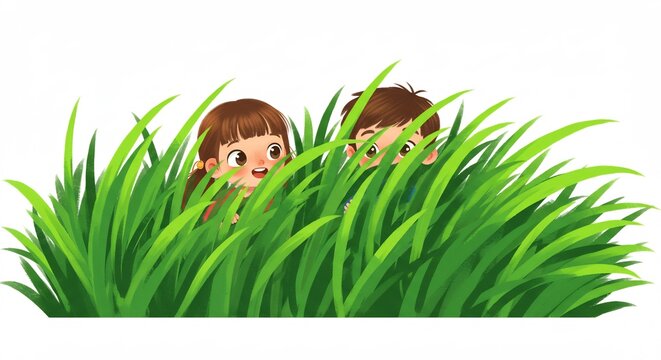 Peek-a-boo in the Meadow: Two playful children hide amongst tall blades of lush green grass, their eyes peeking out with curiosity and mischief, ready for a game of hide-and-seek.