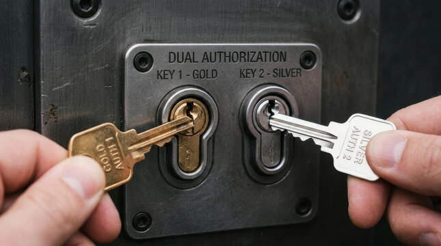 Dual authorization lock with gold and silver keys held by hands symbolizing security and trust in merger and acquisition process