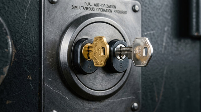 Dual authorization lock with two keys inserted showing security concept for merger and acquisition protection