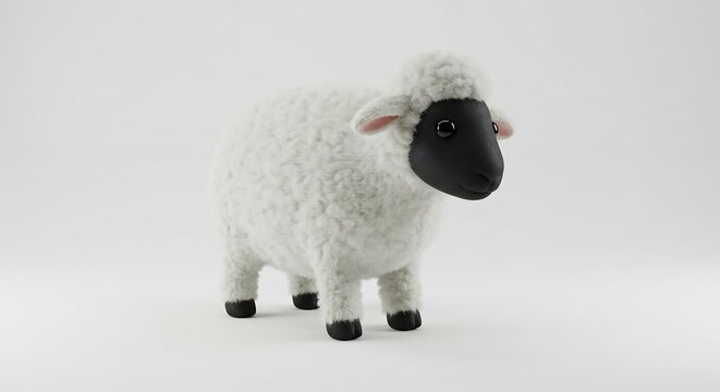 Fluffy Sheep Model: A cute and fluffy sheep, rendered in 3D, stands attentively, showcasing its white woolly coat and distinct black face.