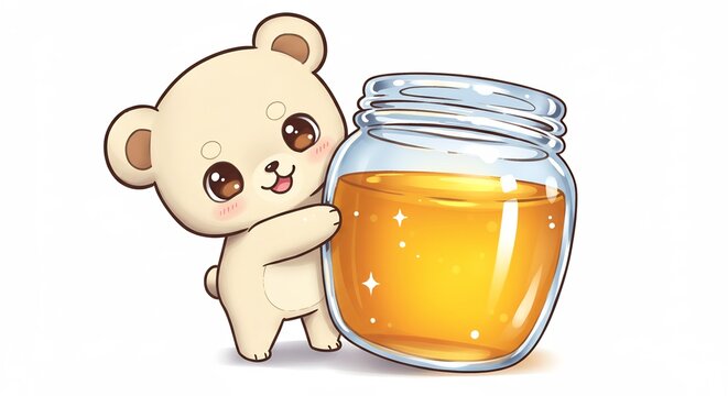 Cute Bear Hugging Honey Jar: An adorable cartoon bear with big, sparkling eyes lovingly embraces a brimming jar of golden honey, conveying sweetness and delight.