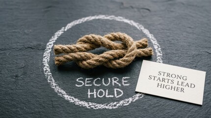 Fototapeta premium Strong jute rope knot placed inside a hand drawn white chalk circle on dark stone background with secure hold text and motivational business card showcasing concept of reliability and firm foundation.