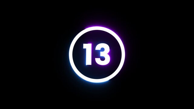 Glowing neon circle countdown timer with number thirteen isolated on dark background clip.