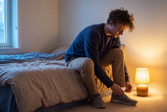 Person lacing running shoes on the edge of a bed at dawn