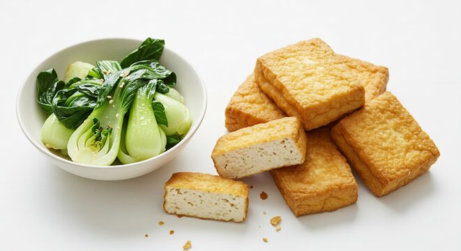 Crispy Tofu and Bok Choy: Golden-brown crispy tofu pieces are presented alongside a bowl of fresh green bok choy, a simple yet delicious and healthy meal.