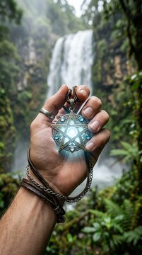 Mystical glowing amulet held in hand against a lush waterfall backdrop.