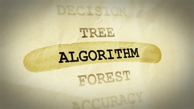Close up view of machine learning terms highlighted algorithm decision tree and forest on textured paper