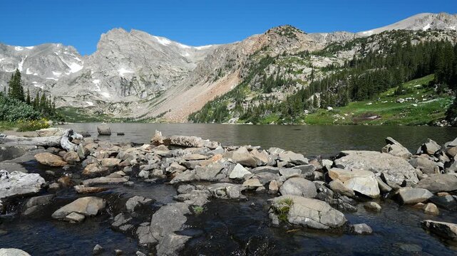 Lake Isabelle Outflow with Rocky Mountain Peaks in Indian Peaks Wilderness, Colorado