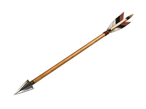 Traditional wooden arrow with metal arrowhead and fletching isolated on white background