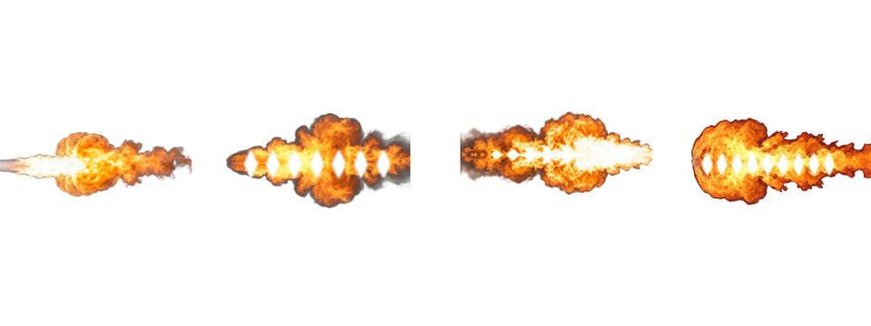 Realistic fire blast effects and jet engine exhaust isolated on black