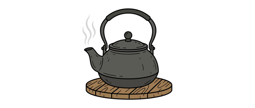 Steaming Kettle on Wooden Trivet Isolated
