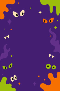 Vibrant halloween background vector with eerie eyes, sharp fangs, and playful drips. Perfect for seasonal designs, party invitations, banners, and spooky event promotions. Flat cartoon style.