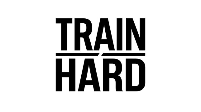 Bold text graphic TRAIN HARD with underline for fitness motivation on plain backdrop