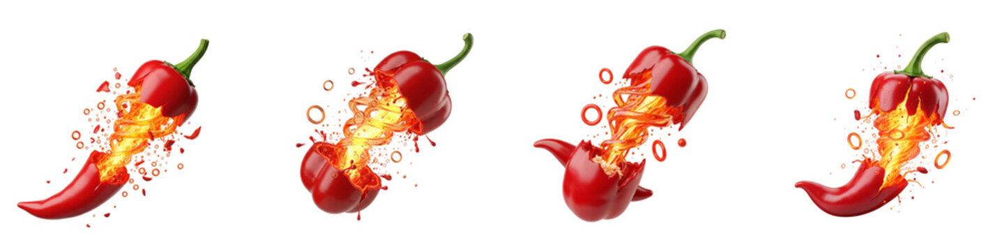 Red chili peppers exploding with fire and liquid energy on black background