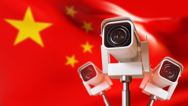 Security surveillance in China. CCTV cameras represent video monitoring, public safety, digital observation and security control using modern technology.