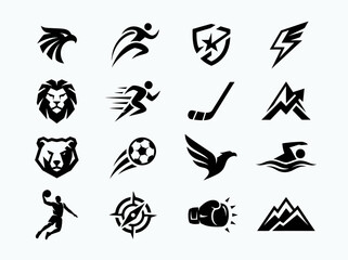 Fototapeta premium Minimalist Sports and Animal Logo Icon Set - Black Vector Symbols for Athletics and Fitness Branding