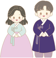 Cute Korean couple character illustration in traditional Hanbok bowing for greetings © Pastel Dream Studio