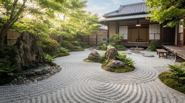 Tranquil Japanese Zen Garden with Raked Sand and Traditional House.