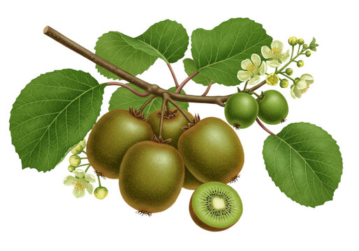 Fresh green kiwi fruits growing on tree branch digital art illustration