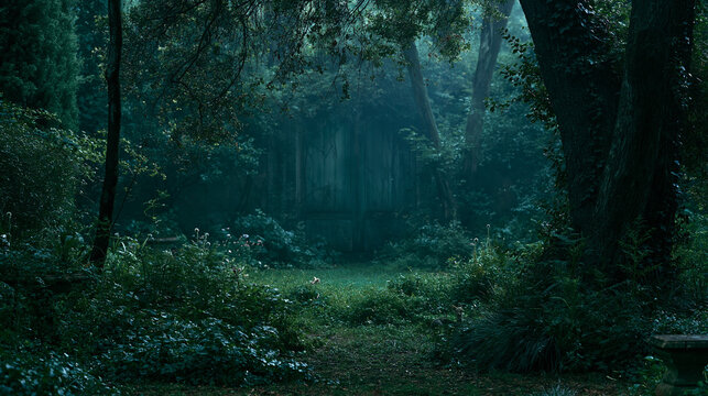 Atmospheric dark romantic overgrown green garden and mysterious deep forest trees with ivy