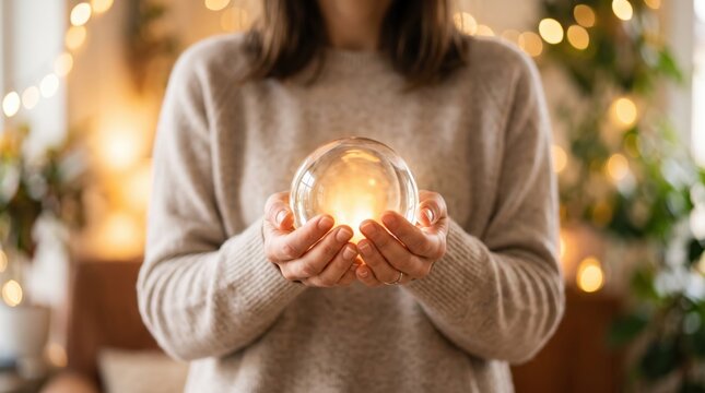 Woman holding glowing crystal ball in hands, mystical fortune telling with bokeh lights, spiritual guidance and magic prediction, esoteric wisdom and future vision symbolism.