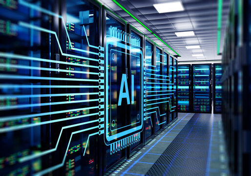 Artificial intelligence infrastructure. AI servers process machine learning workloads in data center environment, supporting cloud computing and high performance analytics.