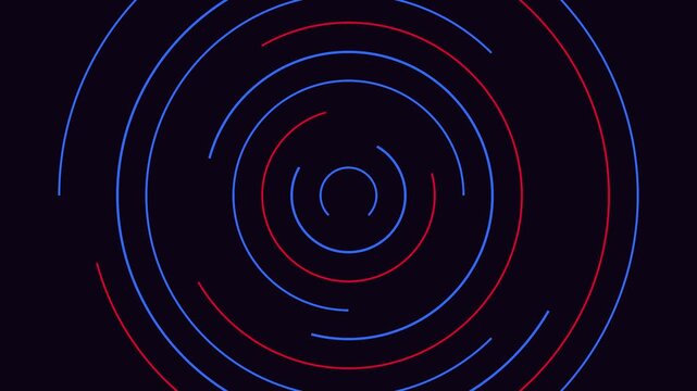 Abstract circular patterns in blue and red rotate against a dark background with cinematic motion