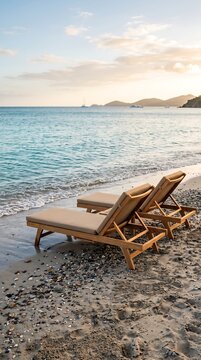 Two empty lounge chairs await on a tranquil beach, gently lapped by the turquoise waves of the ocean under a serene, sun-kissed sky, creating a picture of peaceful solitude and inviting relaxation.