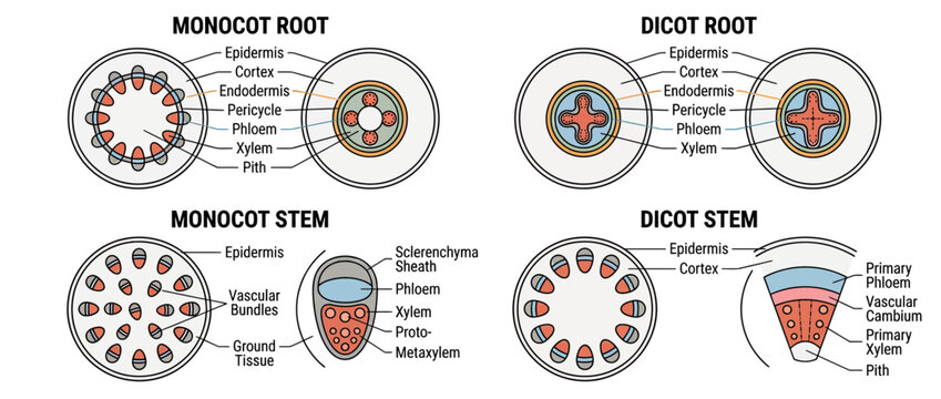 Monocot and Dicot Plant Anatomy Diagrams