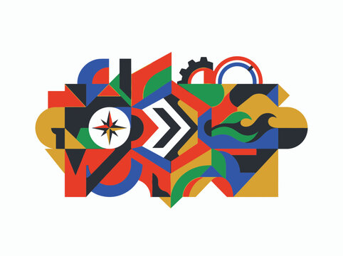 Modern Geometric Abstract Illustration with Symbols of Compass, Gear, and Wave, Colorful Bauhaus Inspired Vector Design for Branding and Creative Concepts