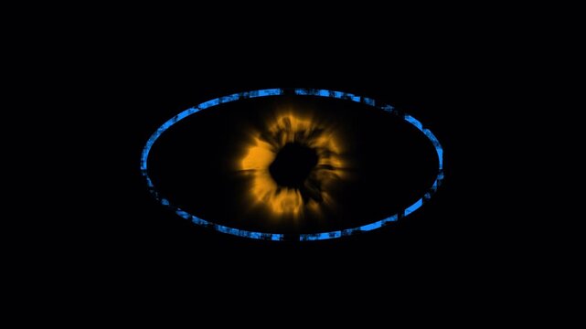 Abstract fiery digital numbers 0-9 forming in glowing blue ovals against black background cinematic motion