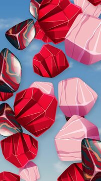 Abstract Red and Pink Geometric Objects Falling Through Blue Sky