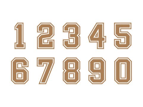 Varsity Sports Numbers 0-9 Set, Brown Collegiate Jersey Digits with White Outline