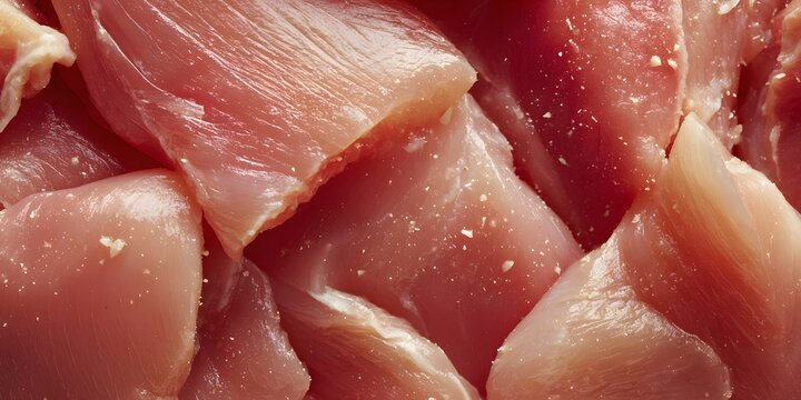 Close up view of fresh raw chicken meat slices showing natural texture and pale pink color