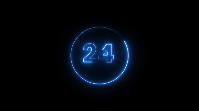 Neon blue number 24 inside glowing circle rotating animation isolated on black background.