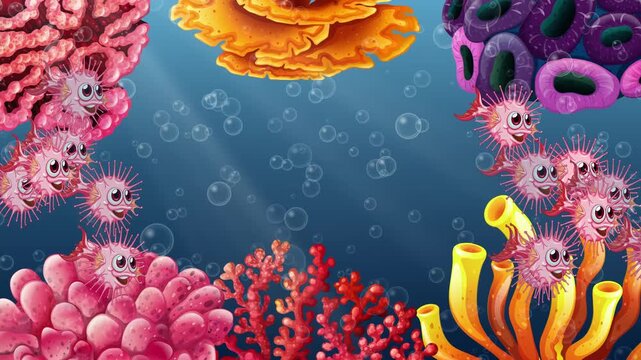 Animated School of Pink Pufferfish Swimming Through Colorful Coral Reef