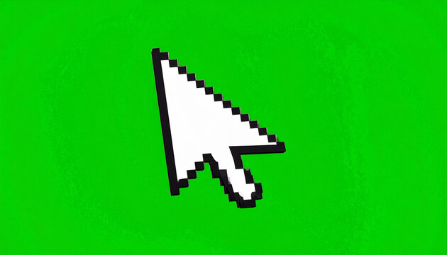 Classic Pixelated Computer Mouse Cursor Arrow Pointer on a Vibrant Green Screen Background for Digital Interaction and Web Design