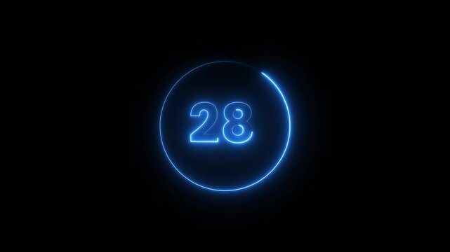 Neon blue number twenty eight in glowing circle frame for countdown motion graphic design.