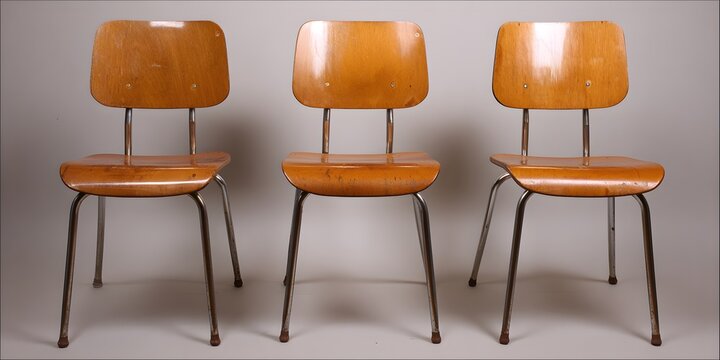 Three vintage wooden chairs with metal legs are arranged side by side against a neutral background.