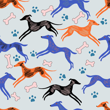 Greyhound dog seamless pattern with bones on colorful abstract background