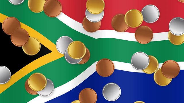 Gold Silver and Bronze Coins Falling Over Waving South Africa Flag