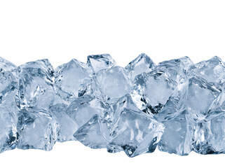 Fototapeta premium Pile of clear ice cubes isolated on white background for beverage and drink cooling concepts.