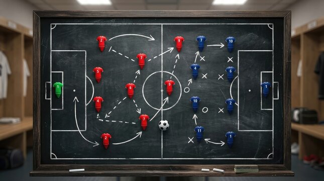 A coach analyzes a soccer game strategy on a chalkboard. The image shows a detailed tactical diagram with player positions indicated by red pegs.