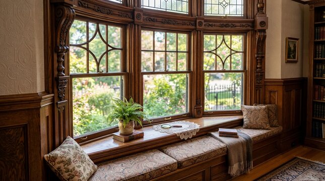 Ornate wooden bay window seat with decorative glass and garden view.
