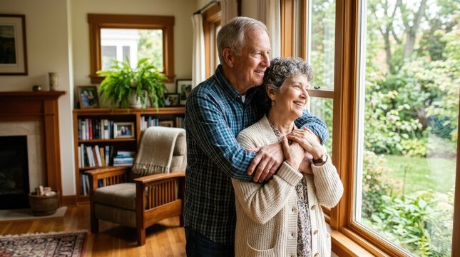 An elderly couple stands together, embracing warmly near a large window. The man, with gray hair and a plaid shirt, gently leans in to kiss the woman's cheek.